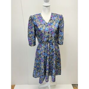 Vtg 80s California Looks Floral Midi Dress Size  10p Cottagecore Blue And Purple